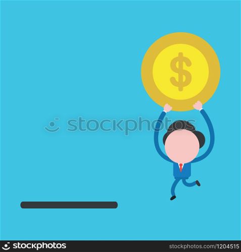 Vector cartoon illustration concept of faceless businessman mascot character running, holding up and carrying yellow dollar money coin symbol icon to black moneybox hole.