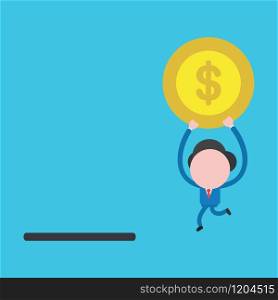Vector cartoon illustration concept of faceless businessman mascot character running, holding up and carrying yellow dollar money coin symbol icon to black moneybox hole.