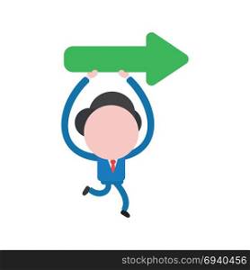 Vector cartoon illustration concept of faceless businessman mascot character running holding up and carrying green arrow symbol icon showing right.