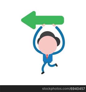 Vector cartoon illustration concept of faceless businessman mascot character running holding up and carrying green arrow symbol icon showing left.