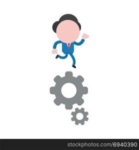 Vector cartoon illustration concept of faceless businessman mascot character running on grey gears symbol icon.