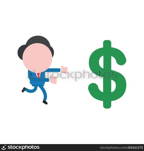 Vector cartoon illustration concept of faceless businessman mascot character running to green dollar money symbol icon.