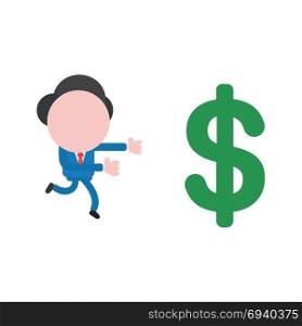 Vector cartoon illustration concept of faceless businessman mascot character running to green dollar money symbol icon.