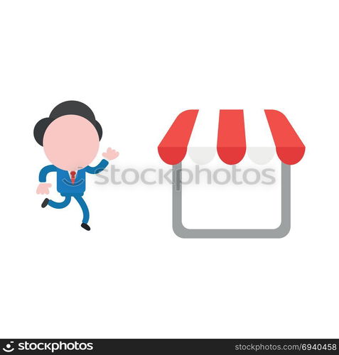 Vector cartoon illustration concept of faceless businessman mascot character running to shop, store symbol icon with red and white awning.