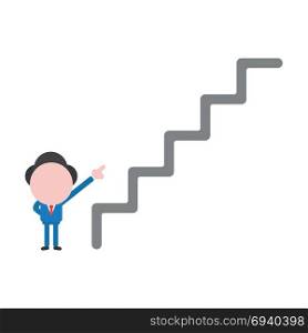 Vector cartoon illustration concept of faceless businessman mascot character showing top of grey stairs symbol icon.