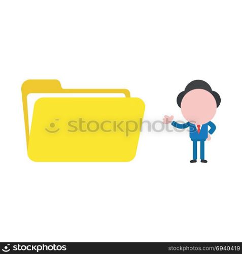 Vector cartoon illustration concept of faceless businessman mascot character showing yellow open folder symbol icon.