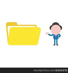 Vector cartoon illustration concept of faceless businessman mascot character showing yellow open folder symbol icon.