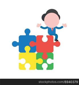 Vector cartoon illustration concept of faceless businessman mascot character sitting on blue, red, yellow and green connected jigsaw puzzle pieces symbol icon.
