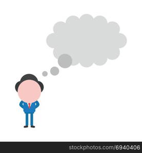 Vector cartoon illustration concept of faceless businessman mascot character thinking with grey thought bubble symbol icon.