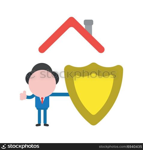 Vector cartoon illustration concept of faceless businessman mascot character under red roof and holding yellow guard shield symbol icon and gesturing thumbs up.