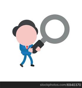 Vector cartoon illustration concept of faceless businessman mascot character walking and carrying magnifying glass symbol icon.