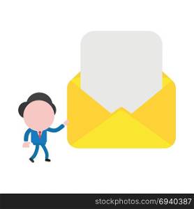 Vector cartoon illustration concept of faceless businessman mascot character walking and carrying yellow open envelope with blank paper symbol icon.