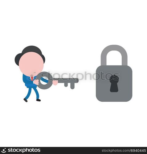 Vector cartoon illustration concept of faceless businessman mascot character walking and carrying grey key symbol icon to closed padlock for unlock.