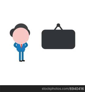 Vector cartoon illustration concept of faceless businessman mascot character with black blank hanging sign symbol icon.