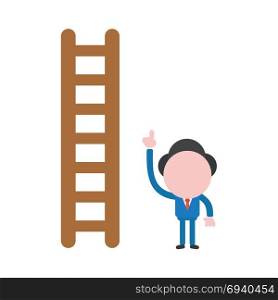 Vector cartoon illustration concept of faceless businessman mascot character with brown wooden ladder symbol icon and pointing up.
