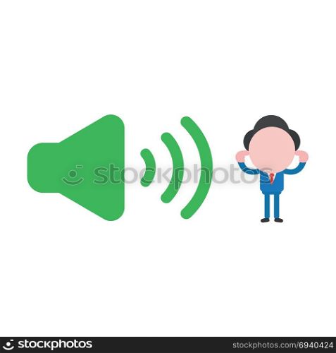 Vector cartoon illustration concept of faceless businessman mascot character with loud voice green speaker sound symbol icon and closed ears with fingers.