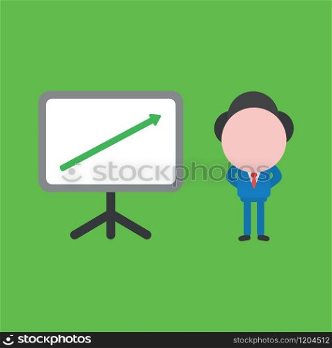Vector cartoon illustration concept of faceless businessman mascot character with presentation chart board symbol icon and green arrow moving up.