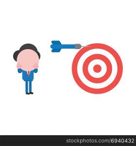 Vector cartoon illustration concept of faceless businessman mascot character with red and white bulls eye and blue dart symbol icon and miss the mark.