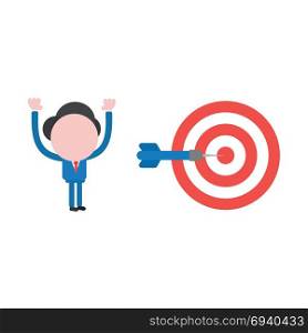 Vector cartoon illustration concept of faceless businessman mascot character with red and white bullseye and blue dart symbol icon and hit the mark.