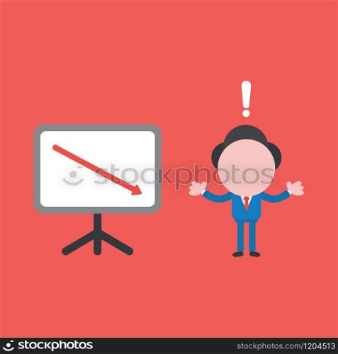 Vector cartoon illustration concept of faceless businessman mascot character with red exclamation mark and presentation chart board symbol icon and red arrow moving down.