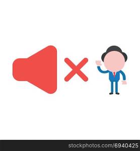 Vector cartoon illustration concept of faceless businessman mascot character with red speaker sound symbol icon off and can not hear.