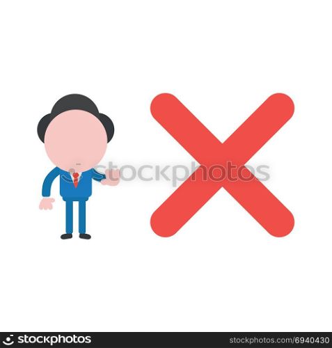 Vector cartoon illustration concept of faceless businessman mascot character with red x mark symbol icon and gesturing no sign.