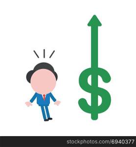 Vector cartoon illustration concept of surprised faceless businessman mascot character and green dollar money symbol icon with arrow moving up.