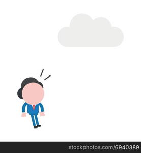 Vector cartoon illustration concept of surprised faceless businessman mascot character looking at grey cloud symbol icon above.