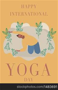 Vector cartoon illustration in modern concept of yoga exercises. Boy practices meditation on nature. Young and happy character meditating in a park. Active and healthy lifestyle concept