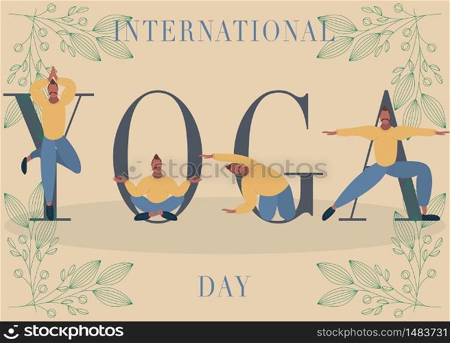 Vector cartoon illustration in modern concept of yoga exercises. Boy practices meditation on nature. Young and happy character meditating in a park. Active and healthy lifestyle concept