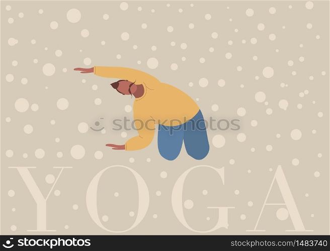 Vector cartoon illustration in modern concept of yoga exercises. Girl practices meditation on nature. Young and happy character meditating in a park. Active and healthy lifestyle concept