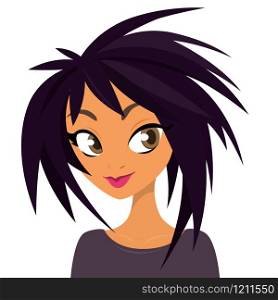 Vector cartoon illustration of a beautiful teenager portrait with fancy black and violet spike haircut and blue dress. Top-model girl with green eyes vector avatar icon.