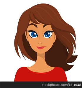 Vector cartoon illustration of a beautiful woman portrait with long brown hair and red dress. Top-model girl with blue eyes vector avatar icon.