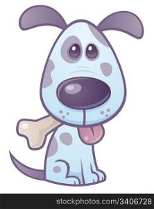 Vector cartoon illustration of a cute puppy dog with a bone in his mouth and tongue sticking out.