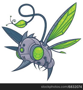 Vector cartoon illustration of a flying robot drone with green eyes and wings. Sadly, he was designed to take the place of hummingbirds, bees and other pollinating insects when they all became extinct.