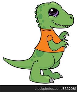 Vector cartoon illustration of a green baby Tyrannosaurus Rex dinosaur wearing an orange shirt.