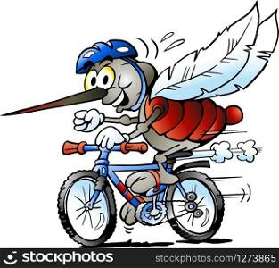 Vector Cartoon illustration of a Happy Mosquito on a Bike