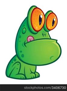 Vector cartoon illustration of a silly green frog with orange eyes sitting with his tongue sticking out.. Sitting Frog