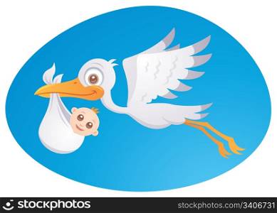 Vector cartoon illustration of a stork delivering a cute little newborn baby.. Baby Delivery Stork