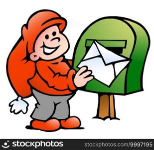 Vector Cartoon illustration of an happy Elf posting a Letter