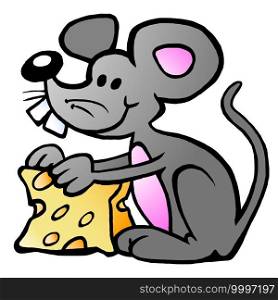 Vector Cartoon illustration of an happy Mouse eating Cheese