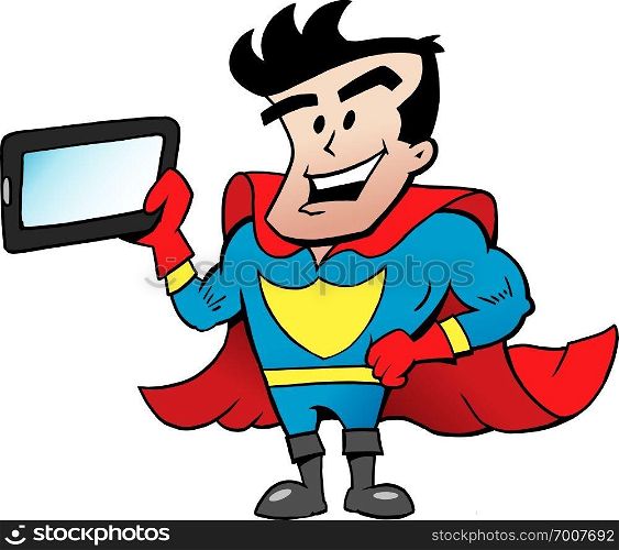 Vector Cartoon illustration of an Super Hero with a Tablet