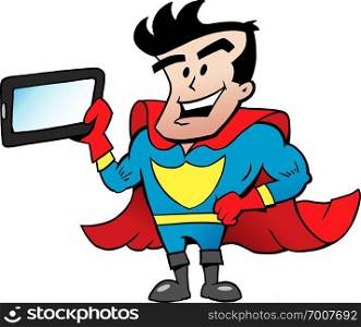 Vector Cartoon illustration of an Super Hero with a Tablet