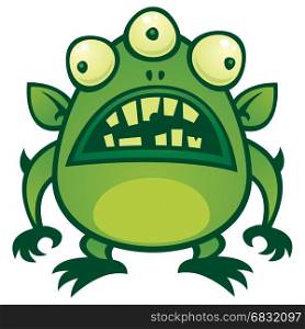 Vector cartoon illustration of an ugly green alien monster with three eyes.. Alien Monster