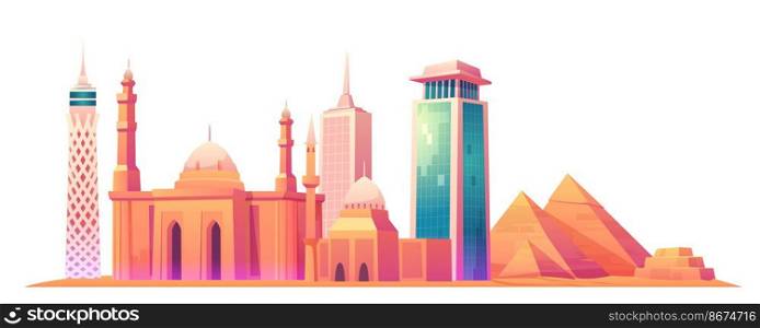 Vector cartoon illustration of Cairo Tower, Giza pyramid complex or Giza Necropolis, Mosque of Muhammad Ali Pasha or Alabaster Mosque, Egypt skyline with world famous landmark buildings. Cairo, Egypt skyline with world famous landmarks