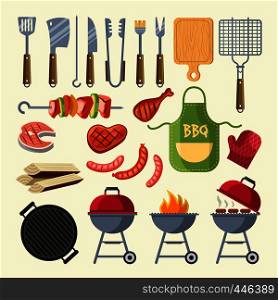 Vector cartoon illustration of meat, sauce, grill and other elements for bbq party. Grill barbecue food, meat bbq, steak grilled. Vector cartoon illustration of meat, sauce, grill and other elements for bbq party