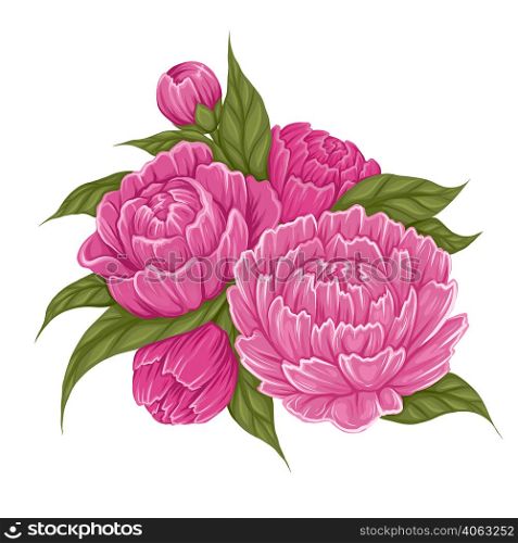 Vector cartoon illustration of peony flowers with foliage. Image of natural floral bouquet isolated from background. Clipart for sticker and card. Vector cartoon illustration of peony flowers with foliage. Image of natural floral bouquet isolated from backg