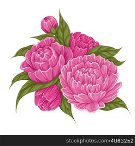 Vector cartoon illustration of peony flowers with foliage. Image of natural floral bouquet isolated from background. Clipart for sticker and card. Vector cartoon illustration of peony flowers with foliage. Image of natural floral bouquet isolated from backg