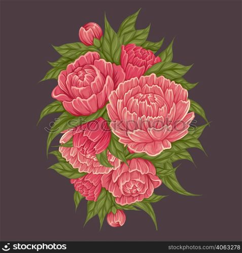 Vector cartoon illustration of peony flowers with foliage on gray background. Image of natural floral bouquet. Botany clipart for banner and card. Vector cartoon illustration of peony flowers with foliage on gray background. Image of natural floral bouquet. Botany clipart