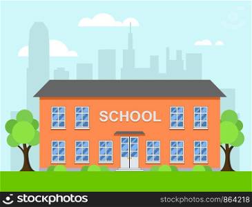 vector cartoon illustration of school building in a city. background with school house, blue sky with clouds, green lawn with trees
